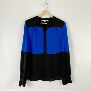 Diane Von Furstenberg Black and Cobalt Blue Colorblock Silk Blouse